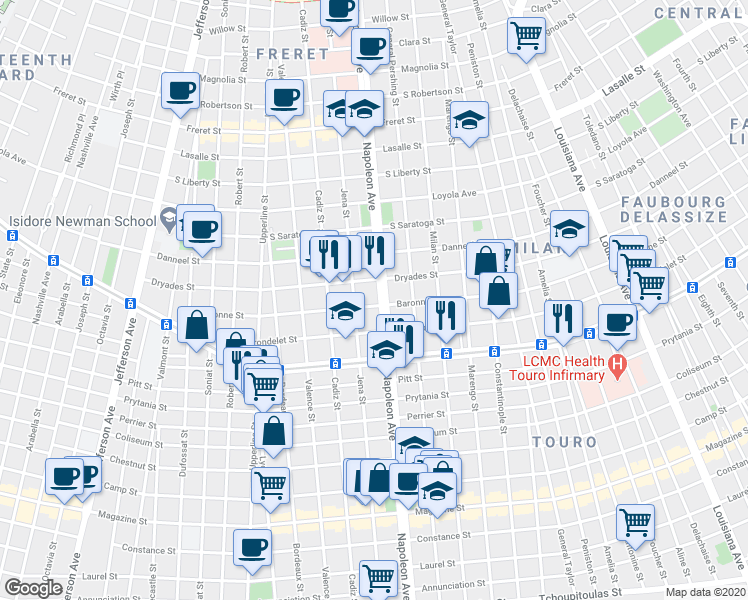 map of restaurants, bars, coffee shops, grocery stores, and more near 1719 Napoleon Avenue in New Orleans