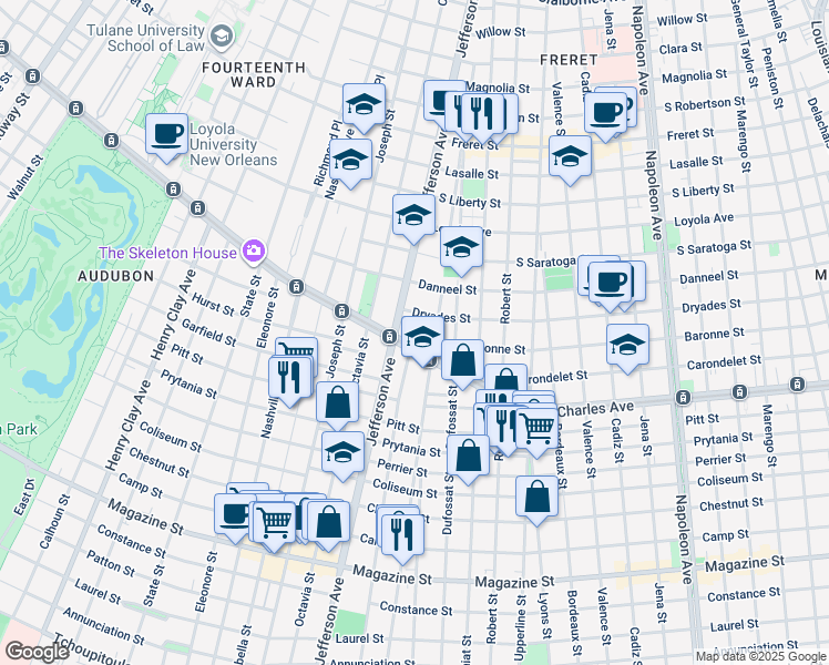map of restaurants, bars, coffee shops, grocery stores, and more near 5362 Saint Charles Avenue in New Orleans