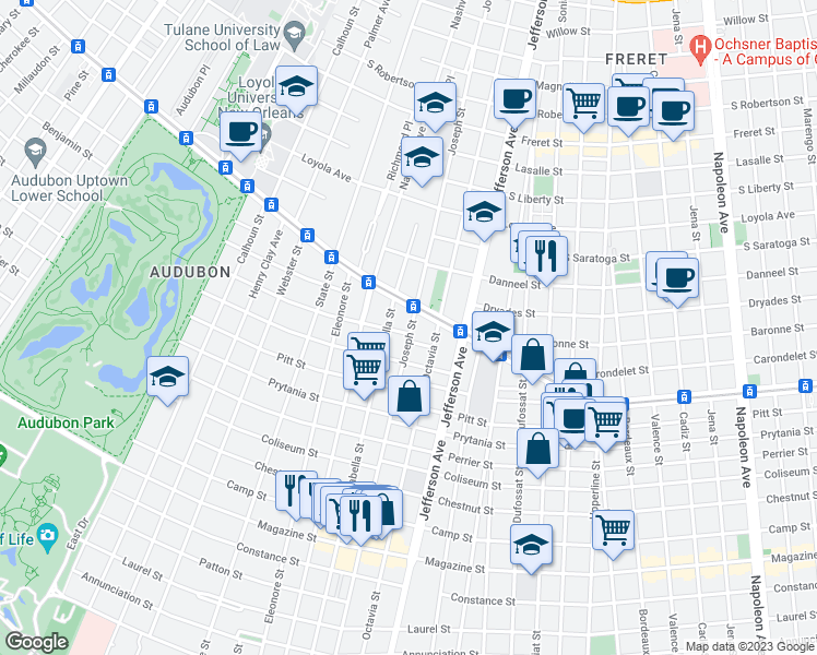 map of restaurants, bars, coffee shops, grocery stores, and more near 1448 Joseph Street in New Orleans