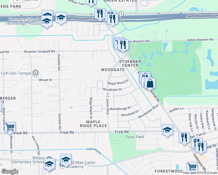 map of restaurants, bars, coffee shops, grocery stores, and more near 13411 Mystic Wood Drive in Houston