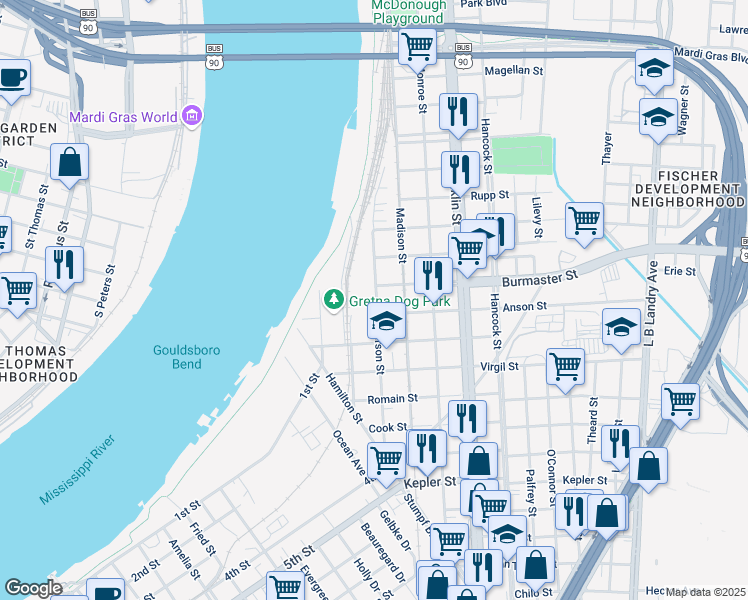 map of restaurants, bars, coffee shops, grocery stores, and more near 1107 Jefferson Street in Gretna