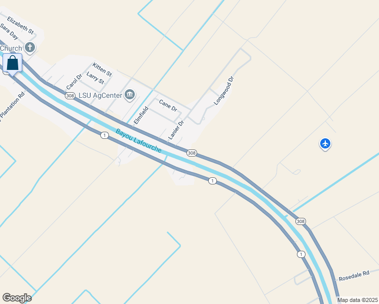 map of restaurants, bars, coffee shops, grocery stores, and more near Highway 308 in Napoleonville