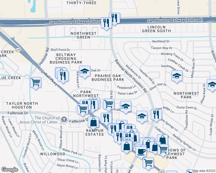 map of restaurants, bars, coffee shops, grocery stores, and more near 10401 Old Bammel N Houston Road in Houston