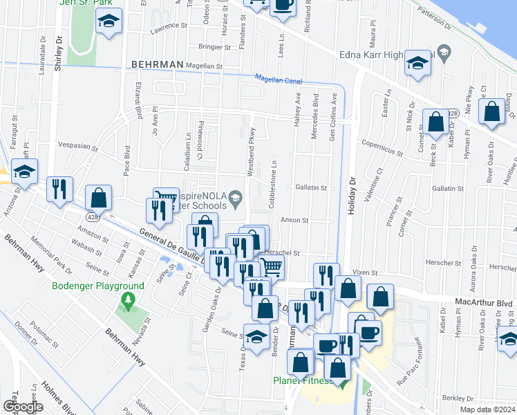 map of restaurants, bars, coffee shops, grocery stores, and more near 2221 Cobblestone Lane in New Orleans