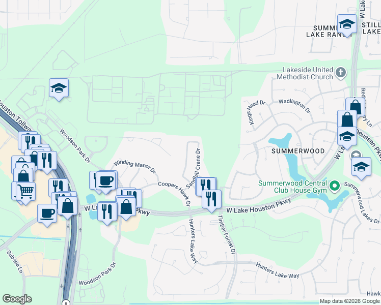 map of restaurants, bars, coffee shops, grocery stores, and more near 14210 Rock Dove Lane in Houston