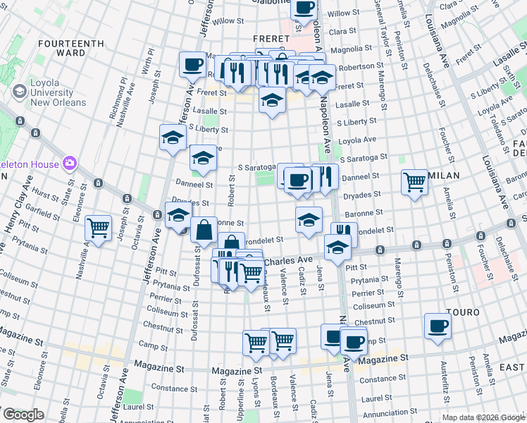 map of restaurants, bars, coffee shops, grocery stores, and more near 4727 Dryades Street in New Orleans