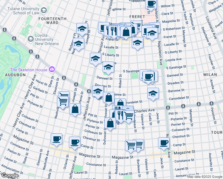 map of restaurants, bars, coffee shops, grocery stores, and more near 5021 Dryades Street in New Orleans