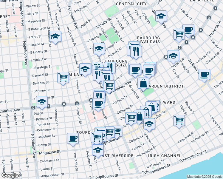 map of restaurants, bars, coffee shops, grocery stores, and more near 3305 Saint Charles Avenue in New Orleans