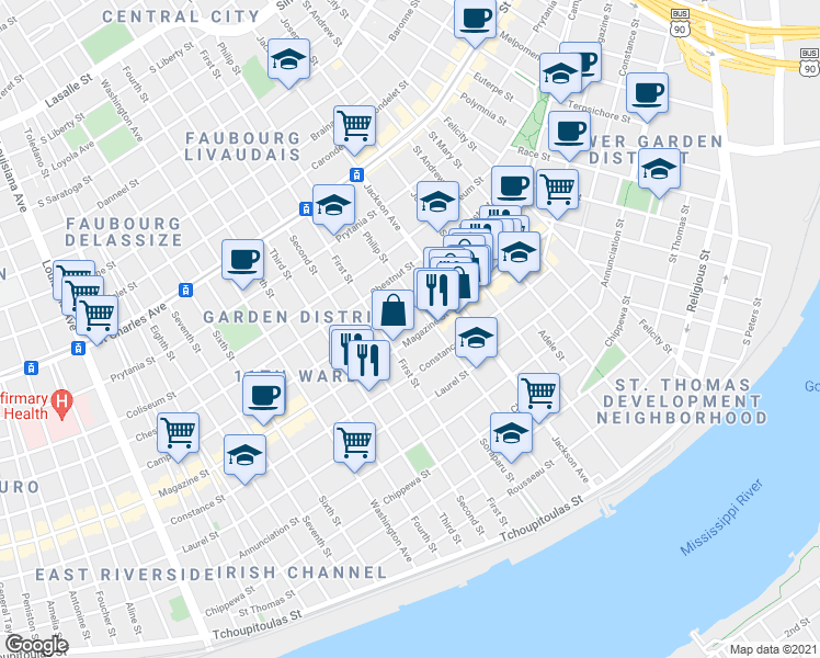 map of restaurants, bars, coffee shops, grocery stores, and more near 1125 Philip Street in New Orleans