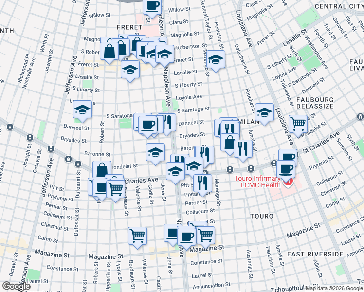 map of restaurants, bars, coffee shops, grocery stores, and more near in New Orleans