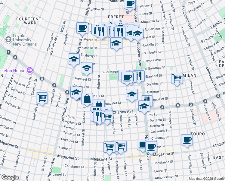 map of restaurants, bars, coffee shops, grocery stores, and more near 4727 Dryades Street in New Orleans