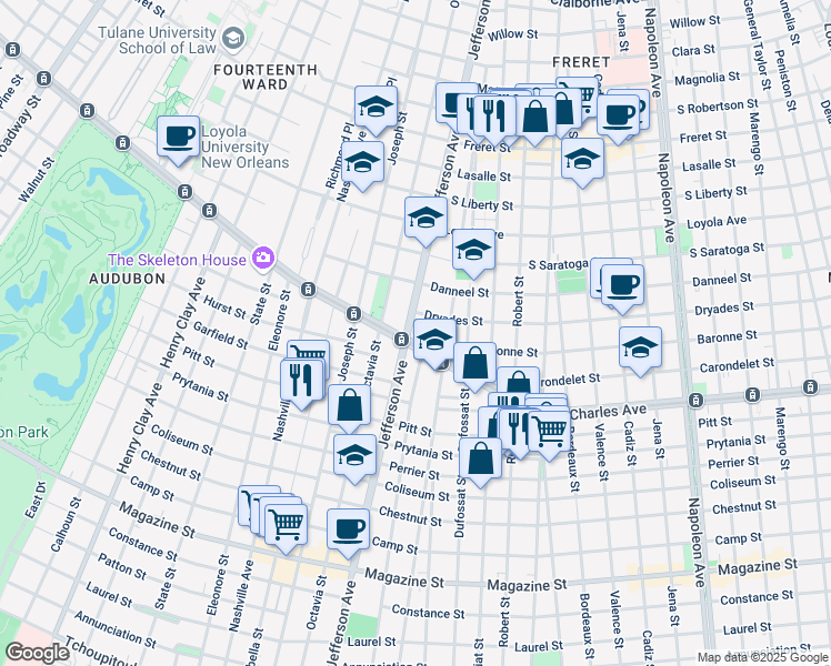 map of restaurants, bars, coffee shops, grocery stores, and more near 1633 Jefferson Avenue in New Orleans