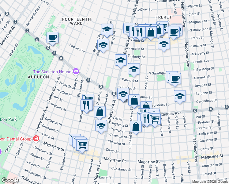 map of restaurants, bars, coffee shops, grocery stores, and more near 1633 Jefferson Avenue in New Orleans