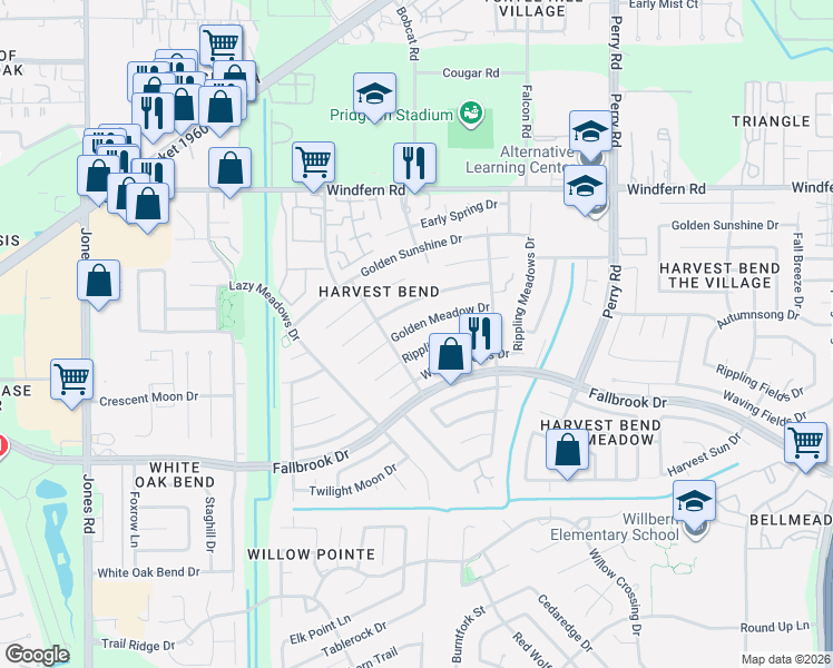 map of restaurants, bars, coffee shops, grocery stores, and more near 10119 Crescent Moon Drive in Houston