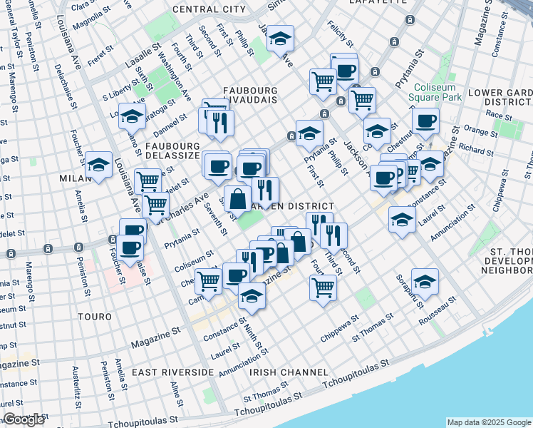 map of restaurants, bars, coffee shops, grocery stores, and more near 1403 Washington Avenue in New Orleans