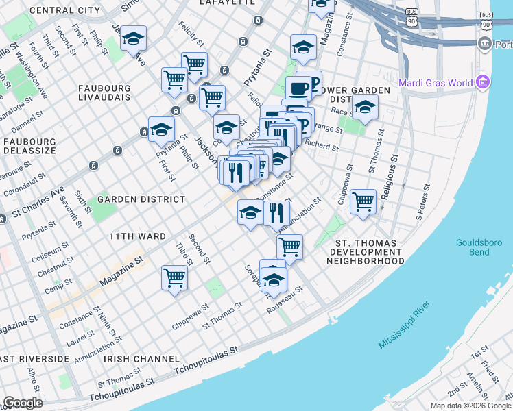 map of restaurants, bars, coffee shops, grocery stores, and more near 1022 Josephine Street in New Orleans