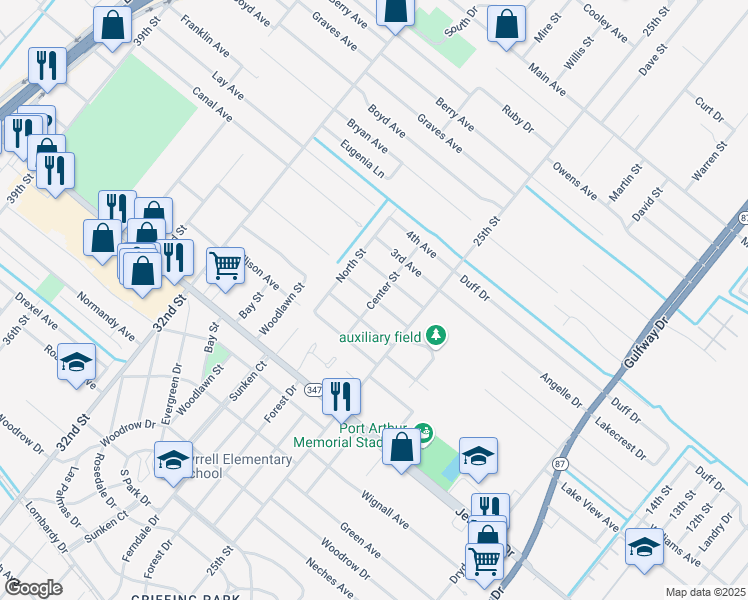 map of restaurants, bars, coffee shops, grocery stores, and more near 2701 1st Avenue in Groves