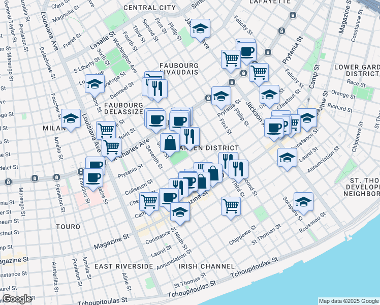 map of restaurants, bars, coffee shops, grocery stores, and more near 1403 Washington Avenue in New Orleans