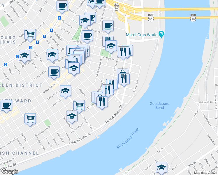 map of restaurants, bars, coffee shops, grocery stores, and more near 1681 Saint Thomas Street in New Orleans