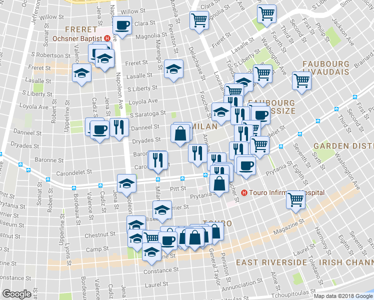 map of restaurants, bars, coffee shops, grocery stores, and more near 1829 Constantinople Street in New Orleans