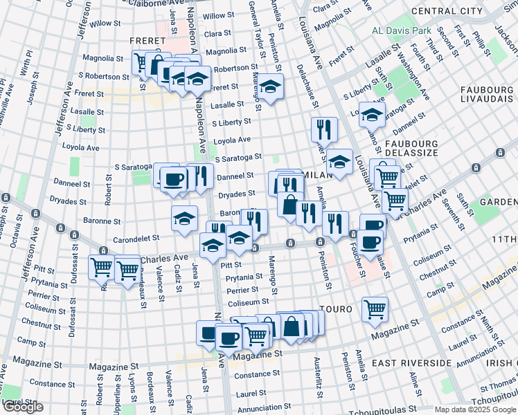 map of restaurants, bars, coffee shops, grocery stores, and more near 1828 Marengo Street in New Orleans