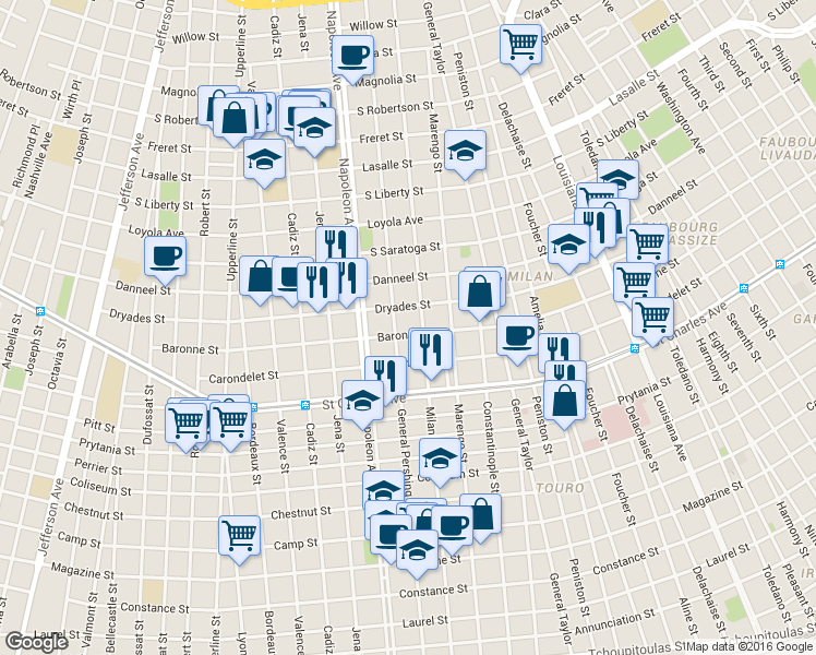 map of restaurants, bars, coffee shops, grocery stores, and more near in New Orleans