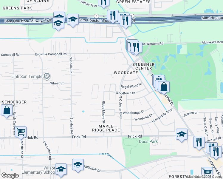 map of restaurants, bars, coffee shops, grocery stores, and more near 13523 Dahlia Green Way in Houston