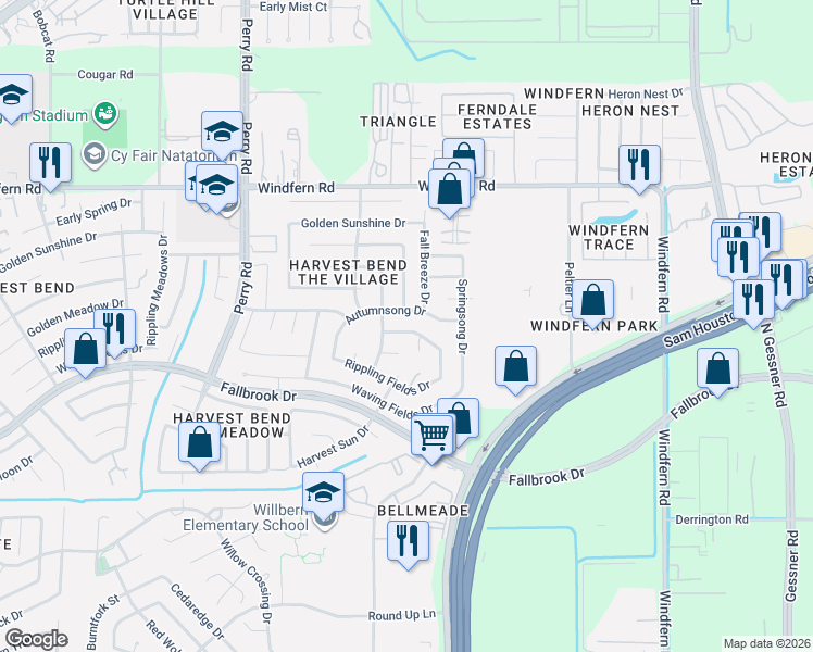 map of restaurants, bars, coffee shops, grocery stores, and more near 11103 Fall Breeze Drive in Houston