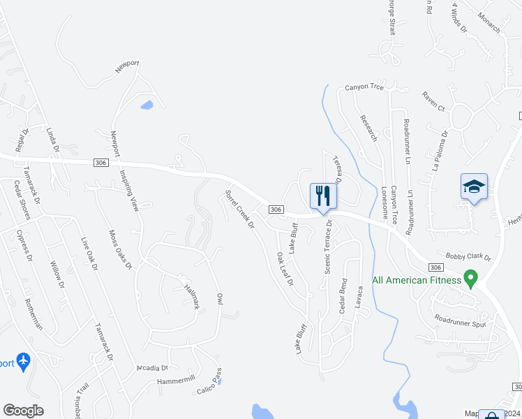 map of restaurants, bars, coffee shops, grocery stores, and more near 20007 Farm to Market Road 306 in Canyon Lake