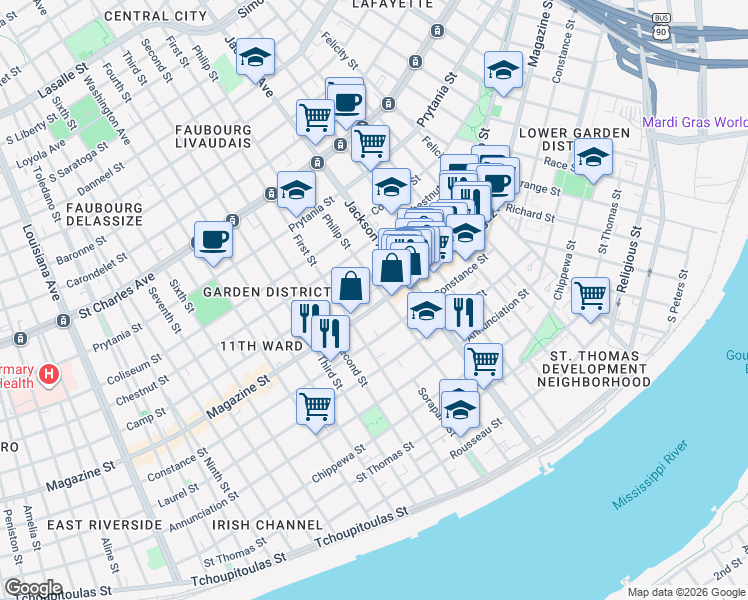 map of restaurants, bars, coffee shops, grocery stores, and more near 1125 Philip Street in New Orleans