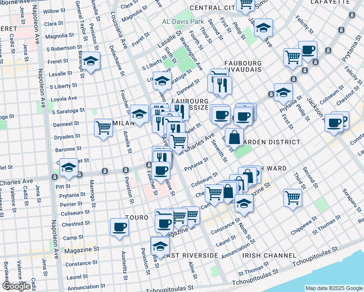 map of restaurants, bars, coffee shops, grocery stores, and more near 3305 Saint Charles Avenue in New Orleans