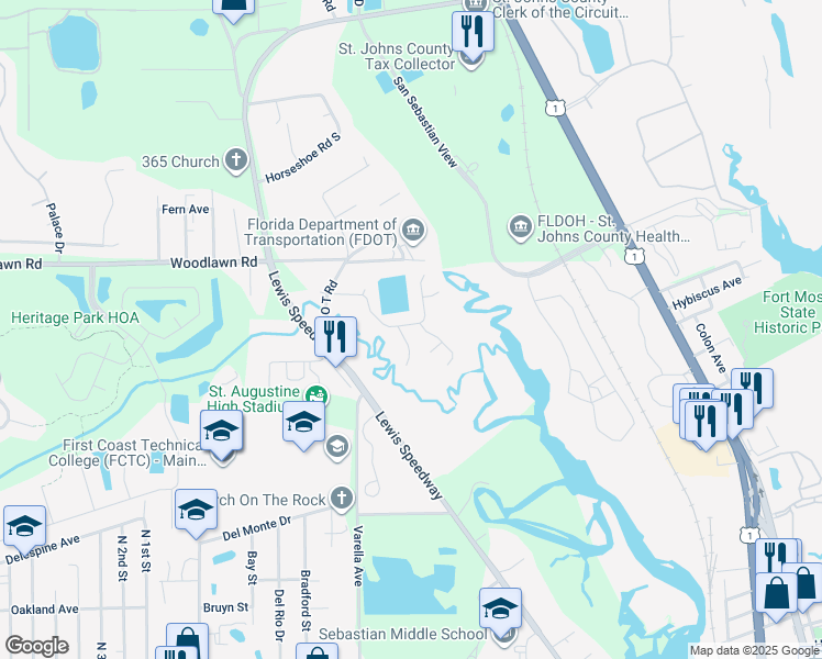 map of restaurants, bars, coffee shops, grocery stores, and more near 165 Plaza Del Rio Drive in Saint Augustine
