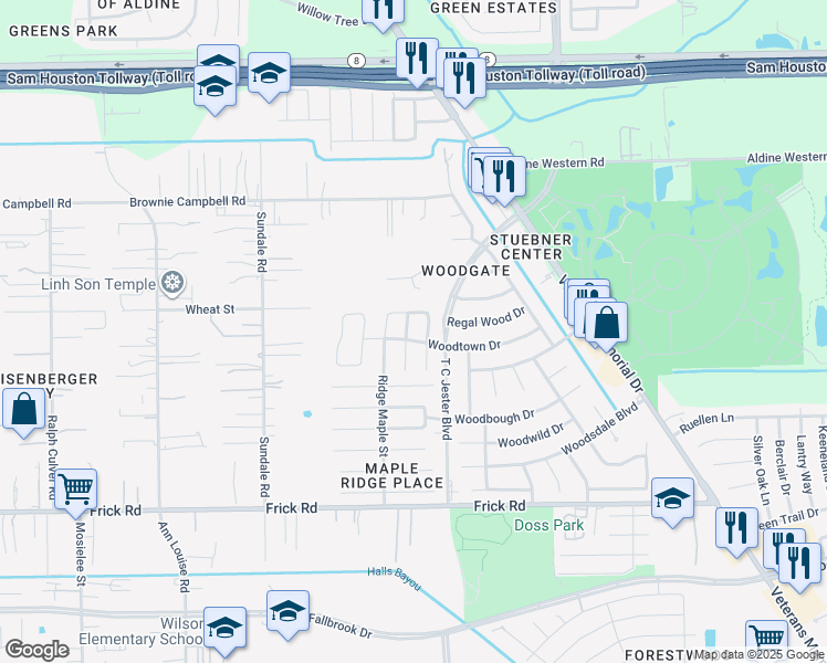 map of restaurants, bars, coffee shops, grocery stores, and more near 13523 Dahlia Green Way in Houston