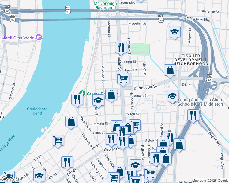 map of restaurants, bars, coffee shops, grocery stores, and more near 1012 Monroe Street in Gretna