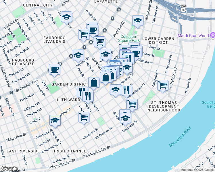 map of restaurants, bars, coffee shops, grocery stores, and more near 1125 Philip Street in New Orleans