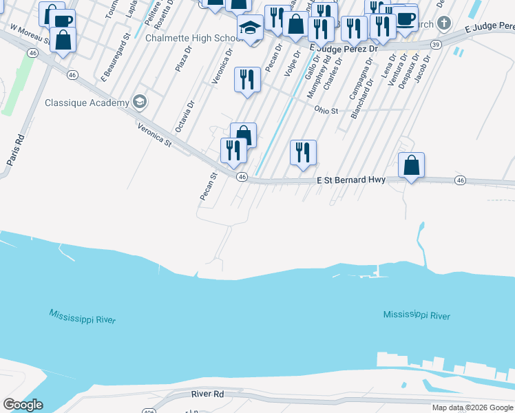 map of restaurants, bars, coffee shops, grocery stores, and more near 1910 Andres Street in Chalmette