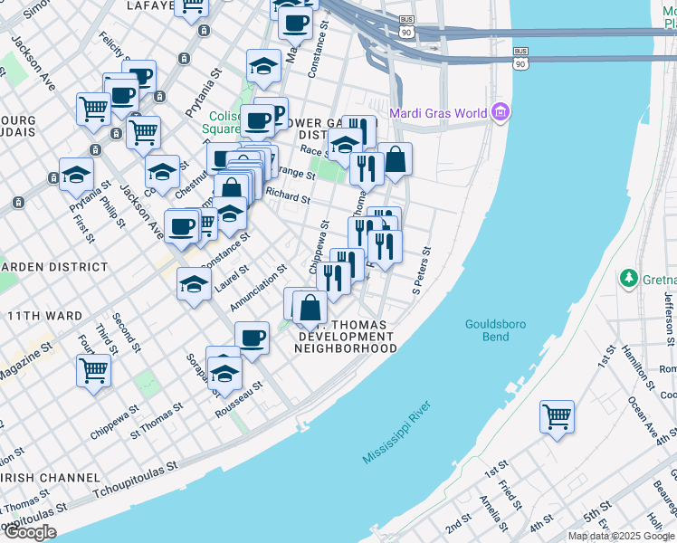 map of restaurants, bars, coffee shops, grocery stores, and more near 1681 Saint Thomas Street in New Orleans