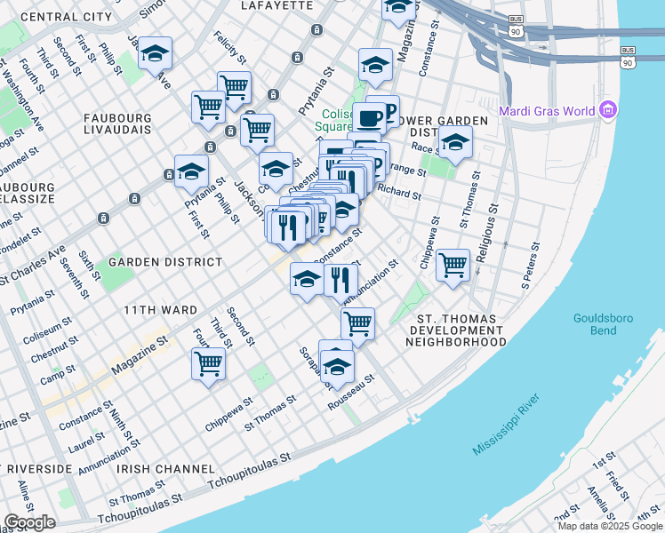 map of restaurants, bars, coffee shops, grocery stores, and more near 1022 Josephine Street in New Orleans