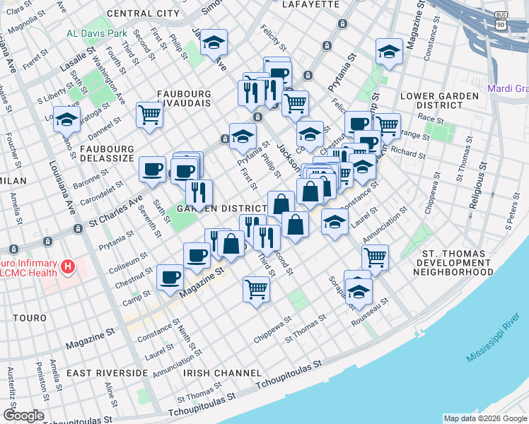 map of restaurants, bars, coffee shops, grocery stores, and more near 2419 Chestnut Street in New Orleans