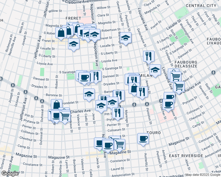 map of restaurants, bars, coffee shops, grocery stores, and more near 4220 Dryades Street in New Orleans