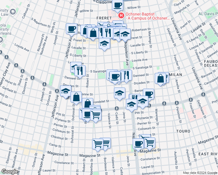 map of restaurants, bars, coffee shops, grocery stores, and more near 4607 Dryades Street in New Orleans