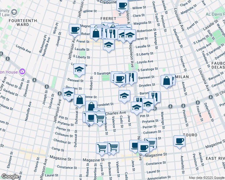 map of restaurants, bars, coffee shops, grocery stores, and more near 4607 Dryades Street in New Orleans