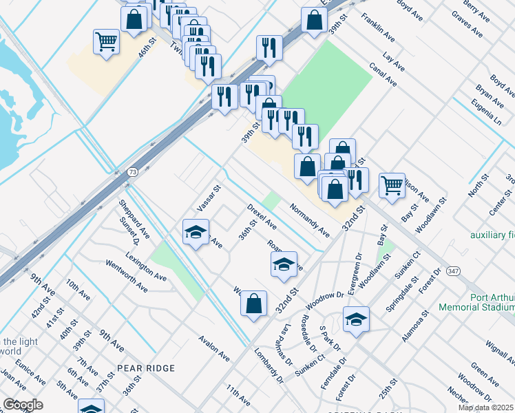 map of restaurants, bars, coffee shops, grocery stores, and more near 3800 Drexel Avenue in Port Arthur