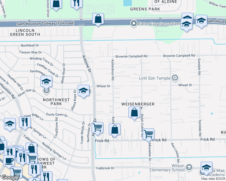 map of restaurants, bars, coffee shops, grocery stores, and more near 13434 Kaltenbrun Road in Houston