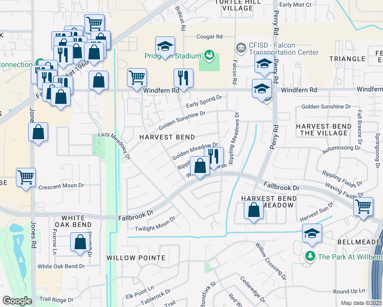 map of restaurants, bars, coffee shops, grocery stores, and more near 10014 Golden Meadow Drive in Houston