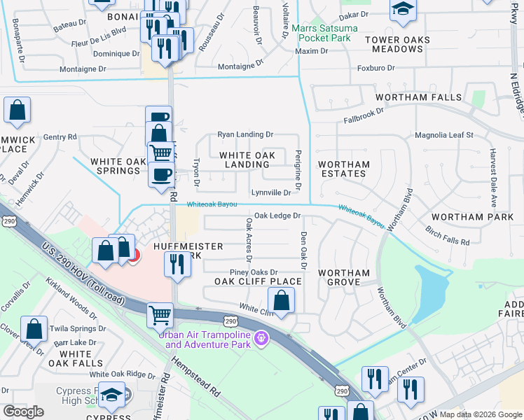 map of restaurants, bars, coffee shops, grocery stores, and more near 13415 Lynnville Drive in Houston