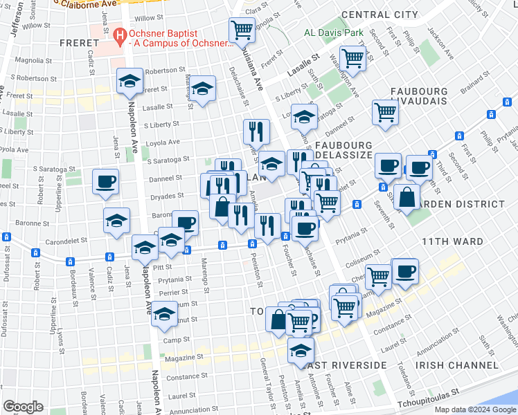 map of restaurants, bars, coffee shops, grocery stores, and more near 1729 Amelia Street in New Orleans