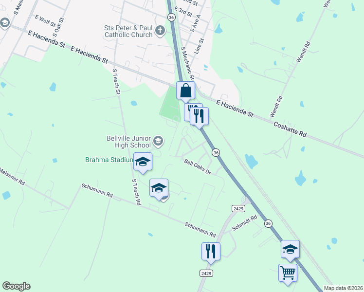 map of restaurants, bars, coffee shops, grocery stores, and more near 667 Bending Oaks Drive in Bellville