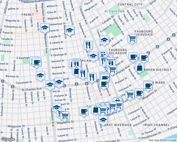 map of restaurants, bars, coffee shops, grocery stores, and more near 1731 Amelia Street in New Orleans