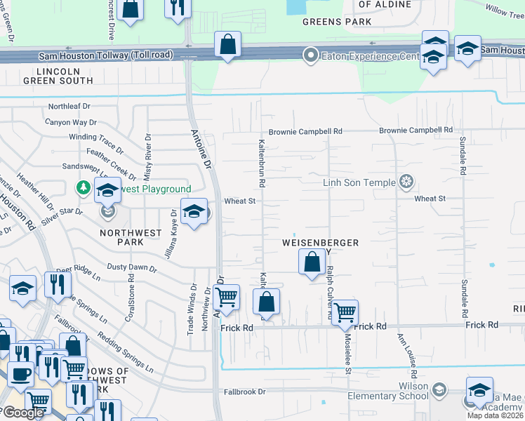 map of restaurants, bars, coffee shops, grocery stores, and more near 13434 Kaltenbrun Road in Houston